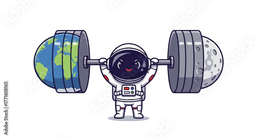 Cartoon astronaut lifting a barbell with the Earth and Moon on either end in a playful and humorous illustration with a white background.