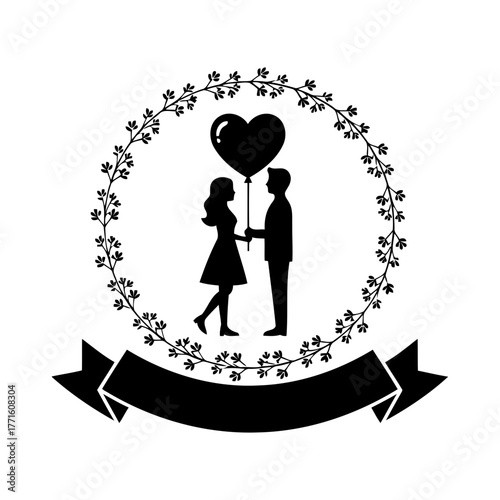 Vector art of silhouette of a couple in love holding a heart balloon