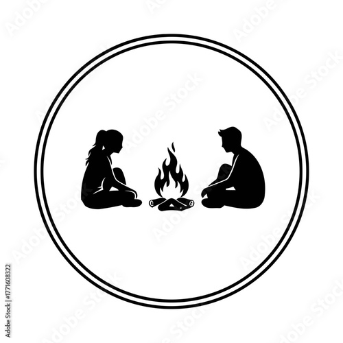 Vector art of silhouette of a couple sitting by a campfire