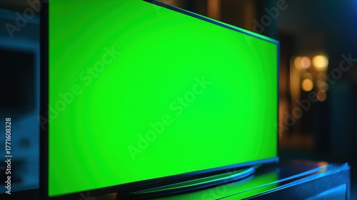 暗いリビングルームに置かれた薄型テレビの画面が緑色の背景（クロマキー）で表示されているクローズアップ。 | Close-up of a slim television screen displaying a green background (chroma key) in a dark living room setting.