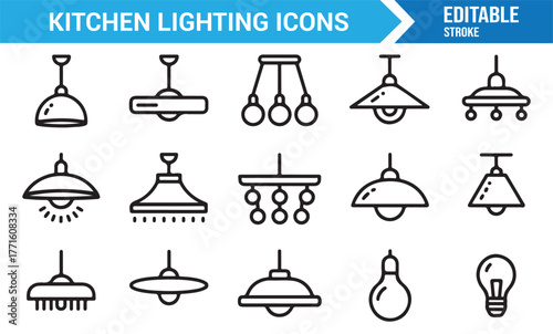 Contemporary lighting fixture icons — elegant pendant and bulb line art set