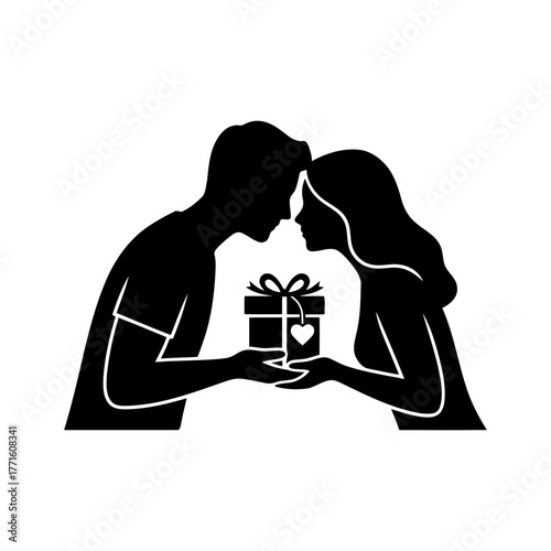 Vector art of silhouette of a couple exchanging a gift