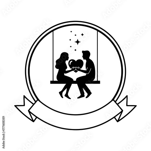 Vector art of couple on swing holding heart in love silhouette