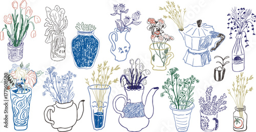 set of flowers and herbs in teapots, glass, jars, cups in hand drawn style in vector. Element for design advertisement mail posts poster print postcard banner decor backgrounds