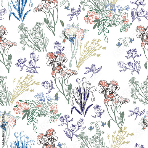 Seamless pattern with wildflowers in hand drawn style.Element for decoration design mail posts postcards poster print invitation background backdrop wrapping wallpaper banner textile