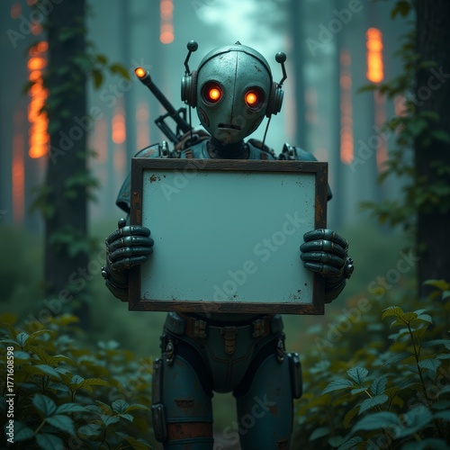 Retro robot holding blank s...