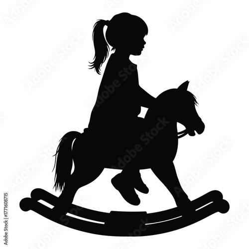 Silhouette of a young girl riding a rocking horse evoking childhood play and nostalgia for a simple time silhouette