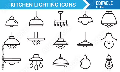 Elegant household lighting symbol pack — minimalist ceiling and pendant lamps illustration