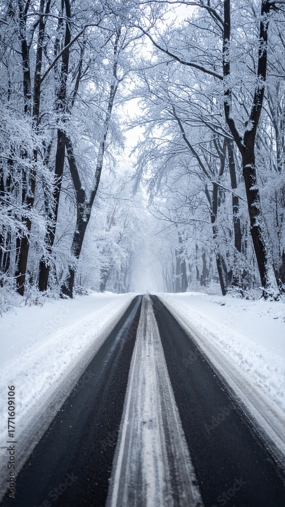 Obraz premium Empty asphalt road leading through a tranquil snow covered winter forest.