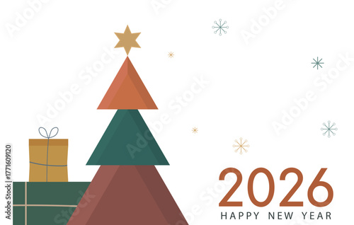 Minimal geometric Happy New Year 2026 greeting card vector. Perfect for holiday posters, invitations, web banners, and seasonal decoration designs.
