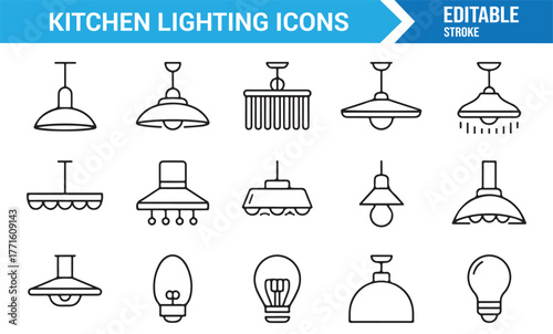 Modern kitchen lighting vector icons — pendant lamps, bulbs, and ceiling lights outline collection
