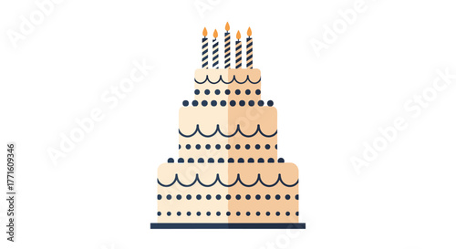 A stylized flat illustration of a festive four-tier birthday cake adorned with five lit candles, featuring decorative scalloped edges and polka dots.
