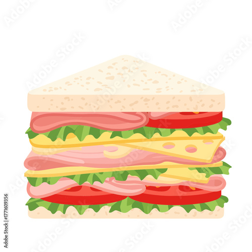 Freshly made classic club sandwich with layers of ham, Swiss cheese, and vegetables for a tasty meal