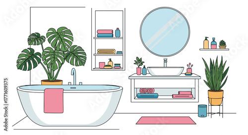 A bright and modern bathroom featuring a freestanding bathtub, vanity with mirror, and lush green plants creating a fresh, serene, and clean aesthetic.