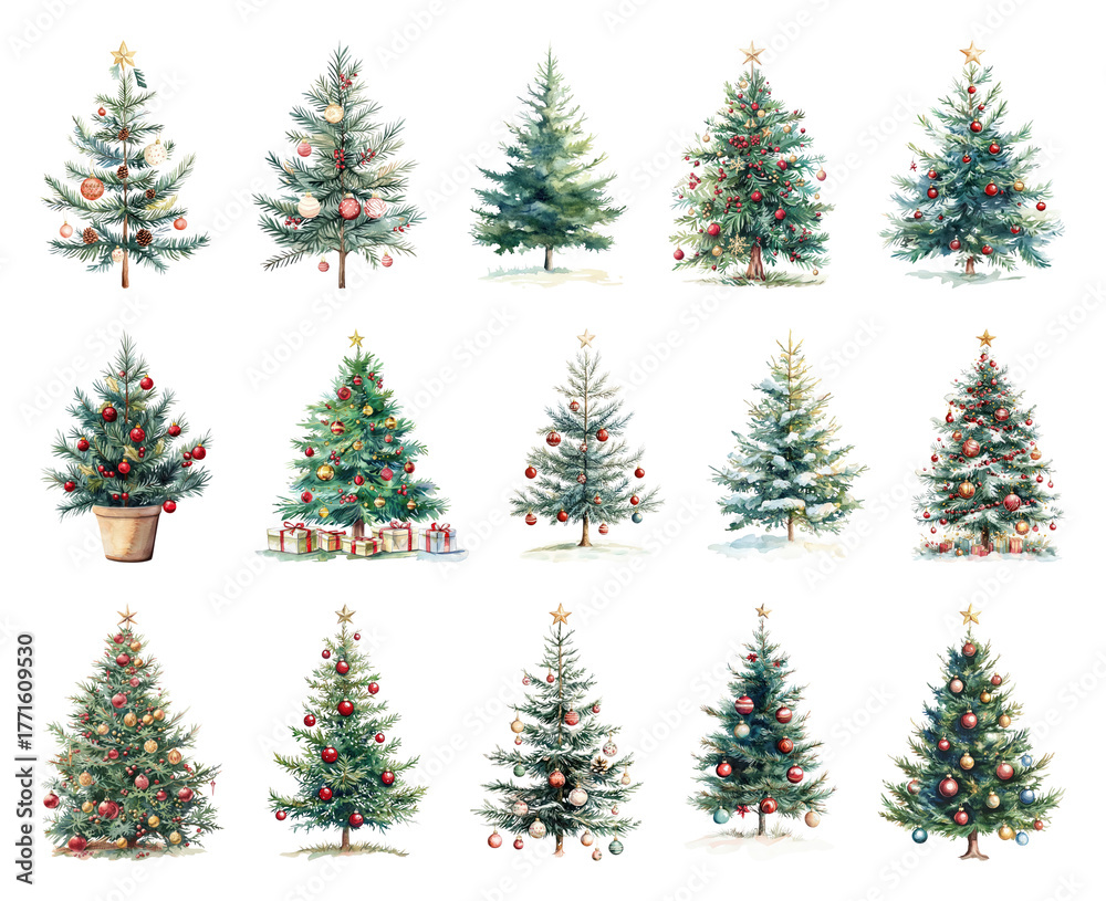 Obraz premium PNG Watercolor festive Christmas trees, element set on transparent background