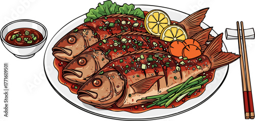 Braised fish with spicy sauce, Asian cuisine, flat vector illustration.