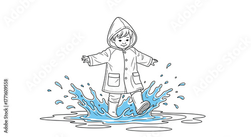 Cute child in a raincoat and rain boots happily splashing in a puddle.