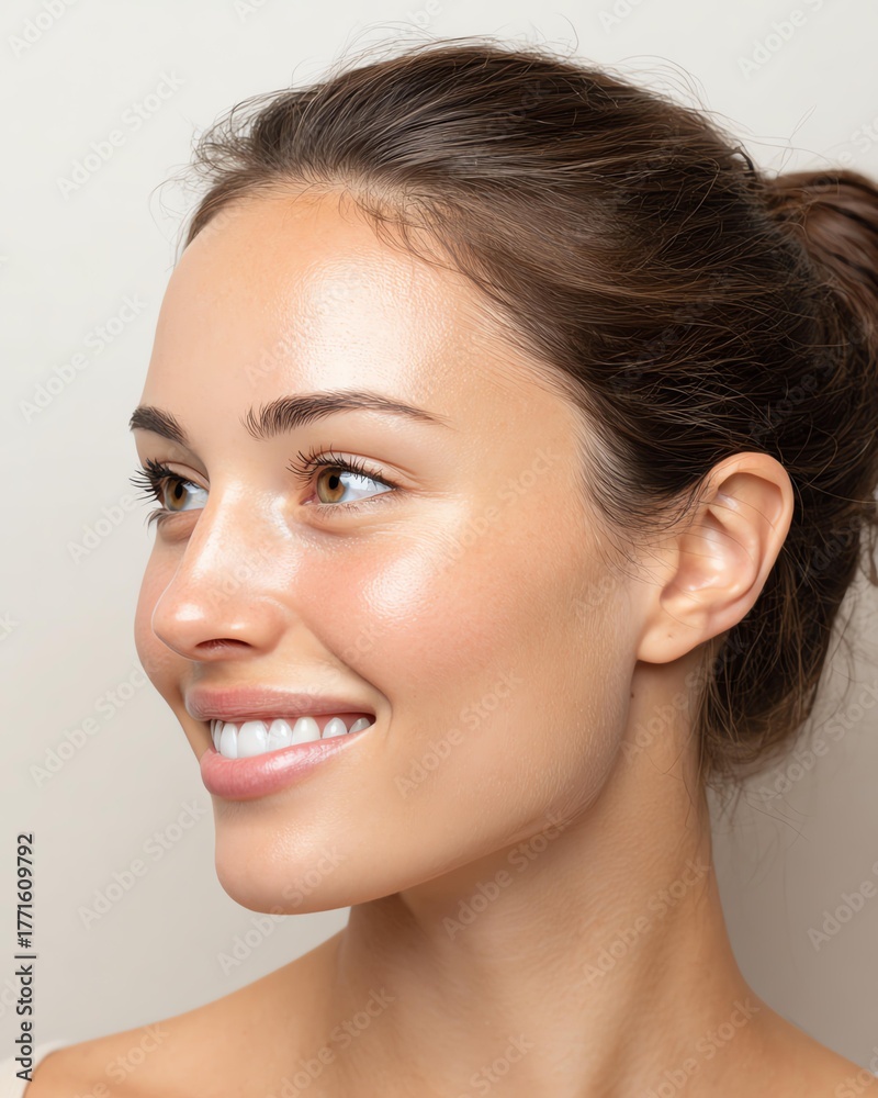 Obraz premium Close-Up of Smiling Woman with Radiant Skin and Natural Makeup