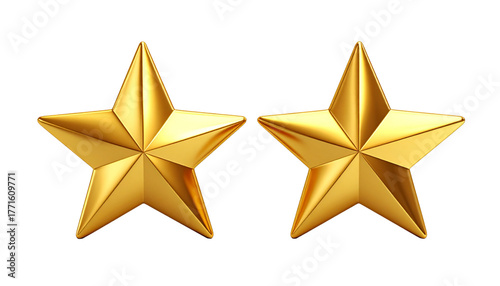Three-dimensional metallic gold star with reflection isolated on transparent background
