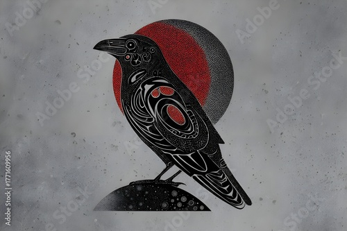 A raven and the moon in the coastal salish art style mixed with beautiful native dot art style