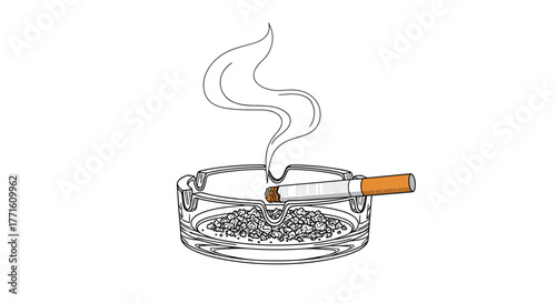 A smoking cigarette with an orange filter rests in a clear glass ashtray filled with ash and small butts, with wisps of smoke rising upwards.