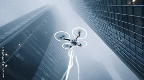 Drone flying between modern skyscrapers in foggy city