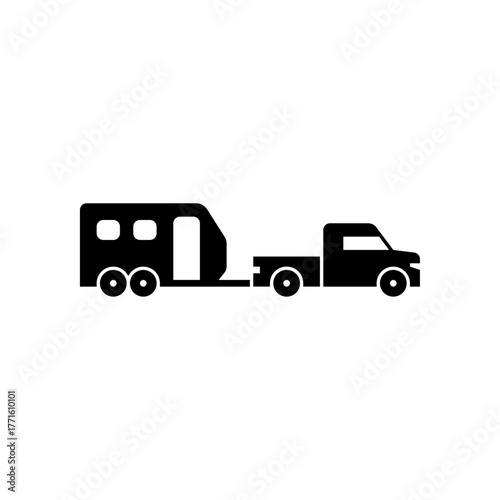 truck with travel trailer glyph icon. travel trailer solid black illustration.