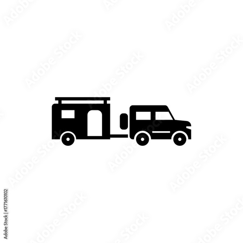 car with camper trailer glyph icon. camper trailer solid black illustration.