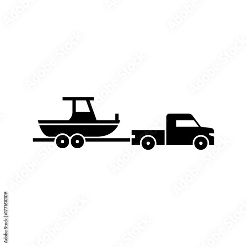 truck with boat trailer glyph icon. boat trailer solid black illustration.