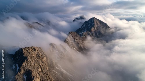 Dramatic mountain peaks emerge from thick clouds at sunrise