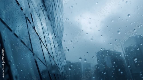 Raindrops on glass with blurred city buildings in the background