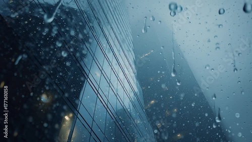 Raindrops on a skyscraper window at night, city lights blurred in background