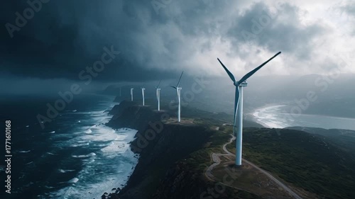 Wind turbines on a cliff overlooking the ocean under stormy skies