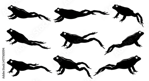 Nine frog silhouettes in various jumping poses against a black and white background illustration