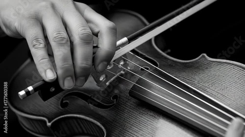 Skilled hands gracefully draw a bow across violin strings, creating captivating classical music in a dimly lit, intimate setting.