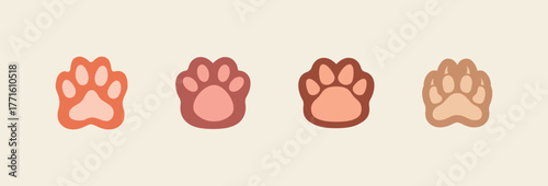 Paw print of a dog or cat. Set of different Animal footprint. Footprint pet. Paw print of dog, cat, tiger paws, Bobcat, kitten leg, cute canine, puppy pet footprint. Puppy track. Vector Illustration.