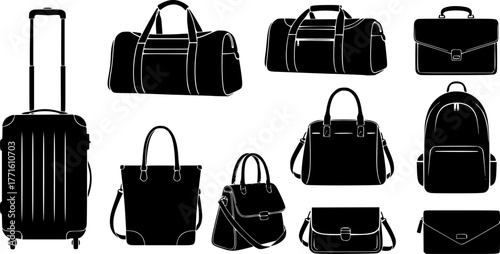 Travel bags. Handle travel luggage bag, suitcase and fashion ladies handbags, tourism shopping bag. Luggage handbags vector illustration set. Travel bag and luggage, adventure baggage and briefcase