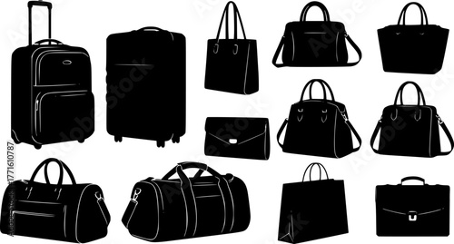 Travel bags. Handle travel luggage bag, suitcase and fashion ladies handbags, tourism shopping bag. Luggage handbags vector illustration set. Travel bag and luggage, adventure baggage and briefcase