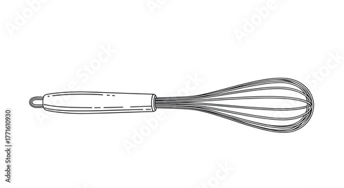 A simple line drawing illustration of a kitchen whisk, a common baking and cooking utensil, on a clean white background.
