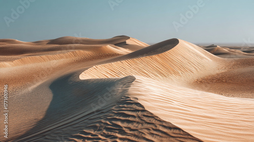 A view of undulating sand dunes under a clear blue sky in a desert landscape