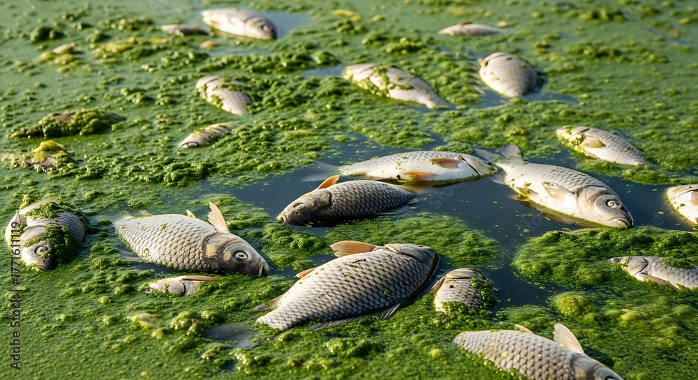 Fototapeta premium A large number of dead fish float on the surface of a body of water covered in green algae, indicating a potential environmental disaster