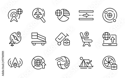 Airline and Aviation linear icon set. Airplane, ticket, passport, visa, customs, airport terminal, wifi, globe, traveler, UI thin line icon pack