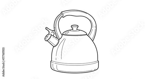A simple black and white line drawing illustrates a classic stovetop whistling kettle with a handle, lid, and spout, ready for boiling water.