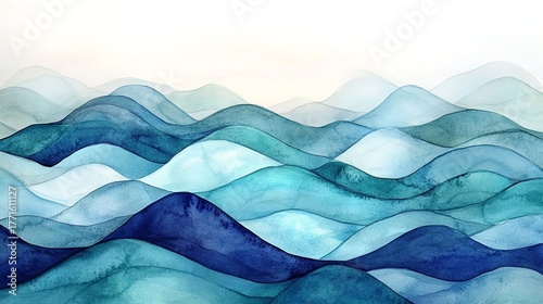 Fototapeta Naklejka Na Ścianę i Meble -  Abstract watercolor painting of blue ocean waves with a calming and serene atmosphere on white background