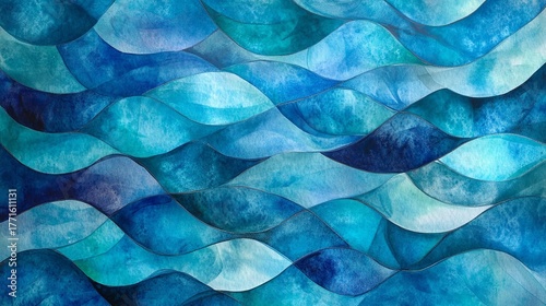 Fototapeta Naklejka Na Ścianę i Meble -  Abstract watercolor painting of blue ocean waves creating a dynamic and textured background pattern
