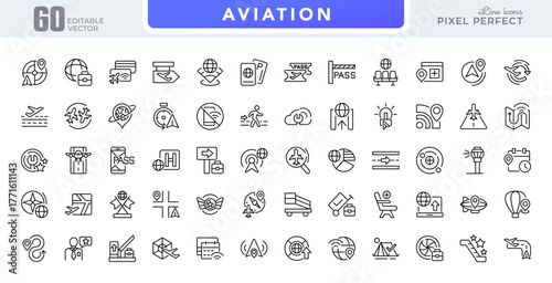 Aviation linear icon set. Visa, passport, migrant, customs officer, border, location, airplane, ticket, wifi, vector line icons. Editable stroke design