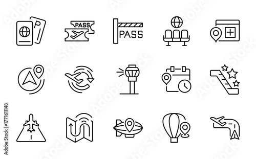 Flight and Aviation linear icon set. Contains icons airplane, airport, boarding pass, passport, customs officer, luggage, visa, and wifi line icons design.