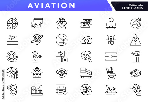 Aviation linear icon set. Airplane, passport, visa, ticket, customs officer, airport, location, wifi, travel, vector outline icons design.