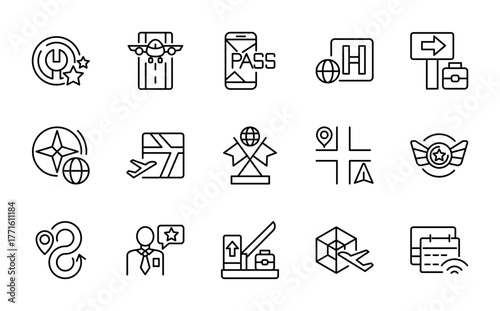 Airport and Aviation linear icon set. Border control, customs, airplane, passport, visa, travel, location, wifi, ticket, thin line icon pack