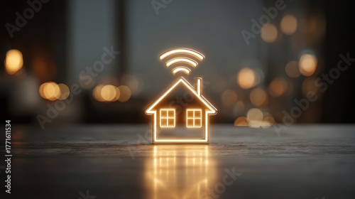 Glowing house icon symbolizing smart home technology with Wi-Fi signal depicting modern living and connectivity in a cozy indoor setting